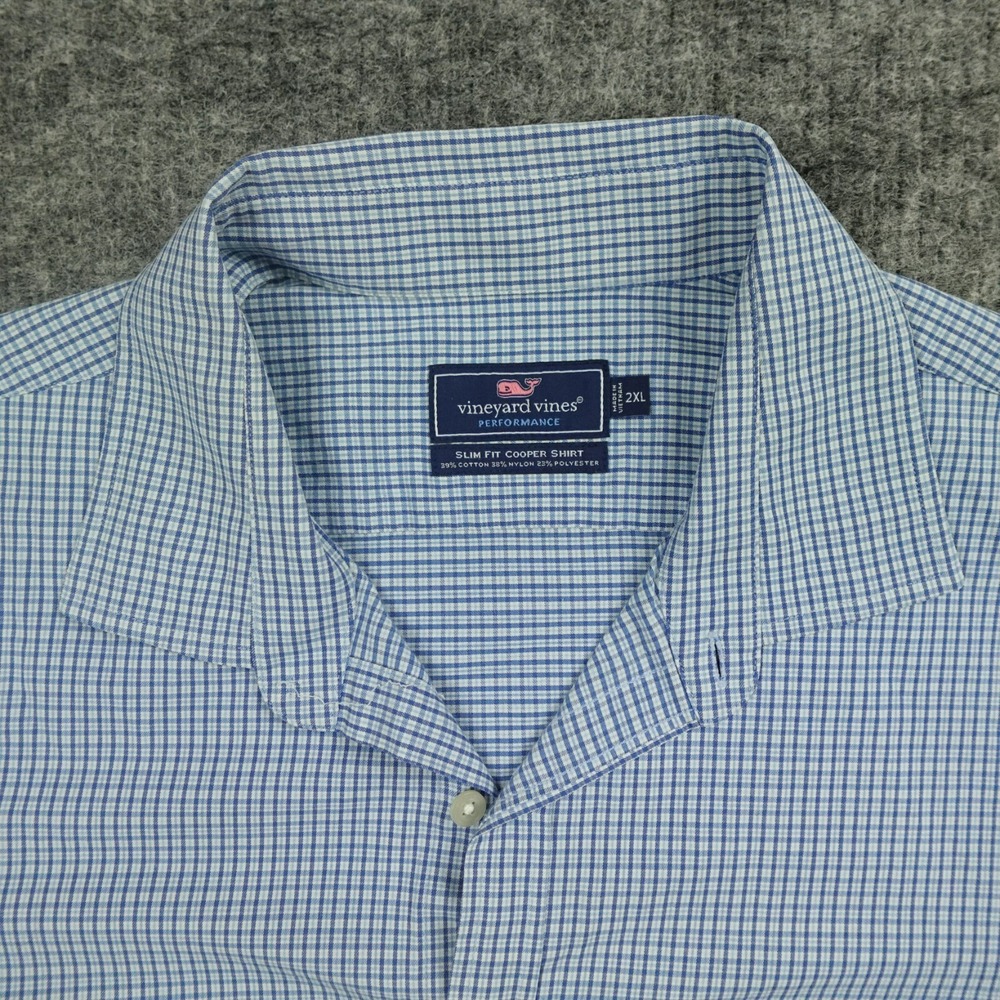 Vineyard Vines Performance Shirt Mens 2XL Blue Plaid Slim Fit Cooper Stretch